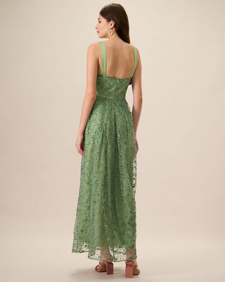Vestido Maxi de Malla con Bordado Verde para Mujeres