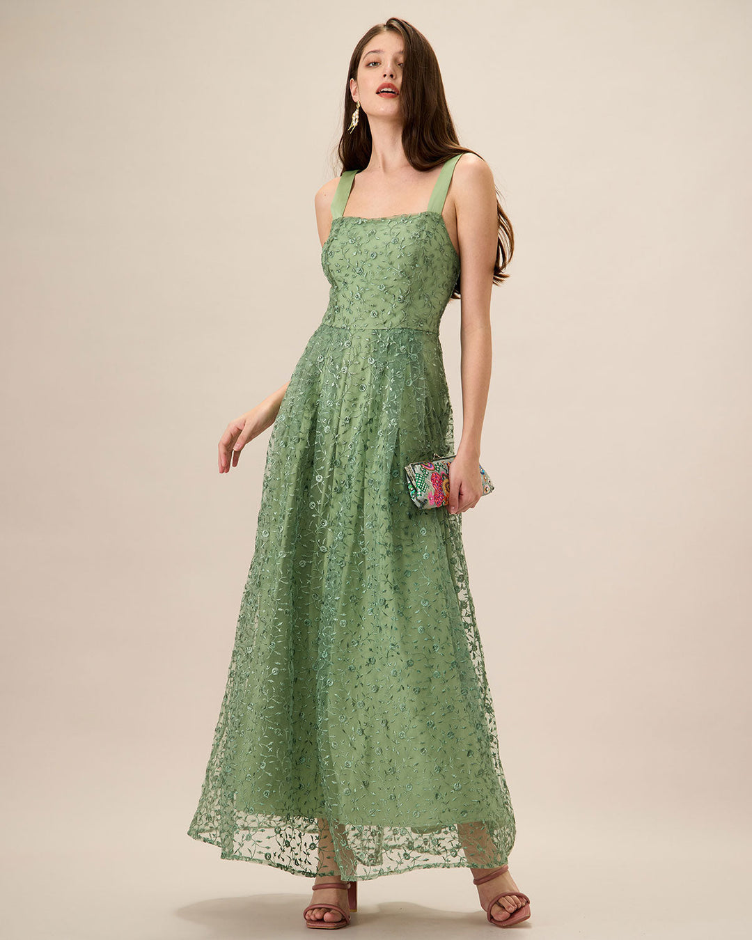 Vestido Maxi de Malla con Bordado Verde para Mujeres