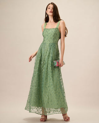 Vestido Maxi de Malla con Bordado Verde para Mujeres