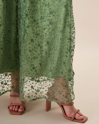 Vestido Maxi de Malla con Bordado Verde para Mujeres