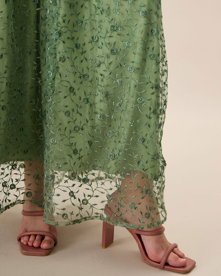 Vestido Maxi de Malla con Bordado Verde para Mujeres