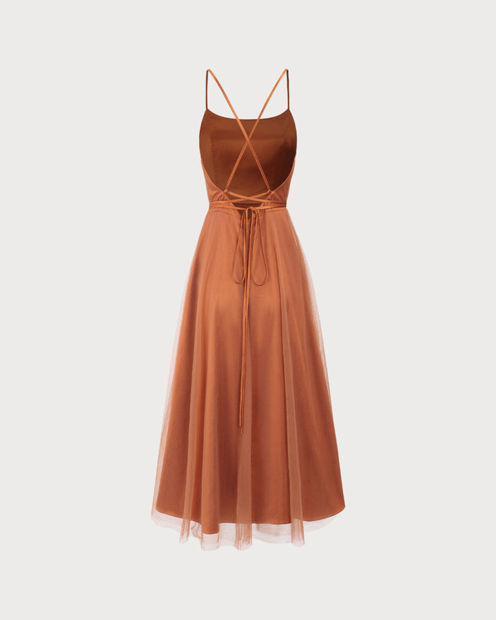 Vestido Midi Deslizante de Malla Caramelo