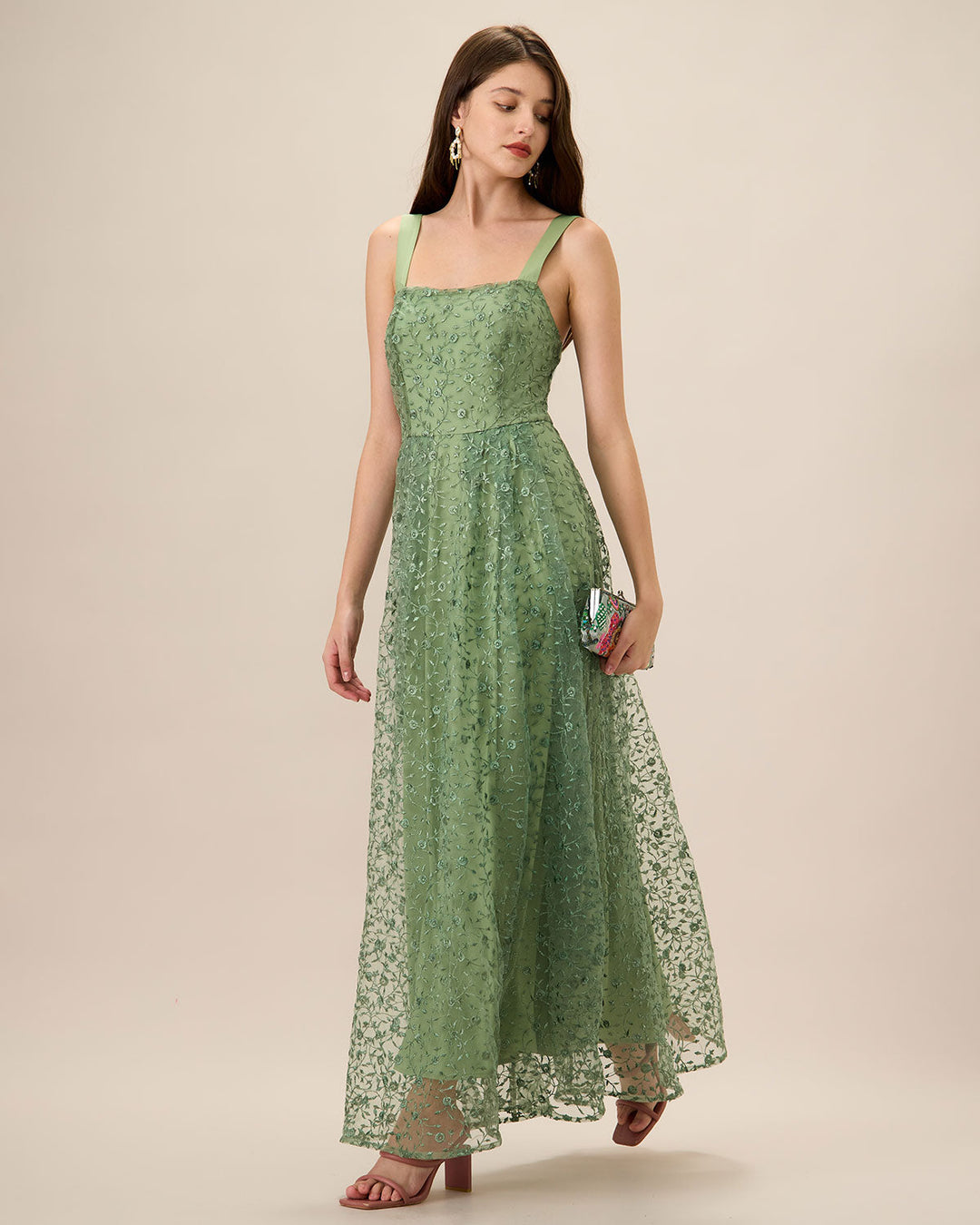 Vestido Maxi de Malla con Bordado Verde para Mujeres