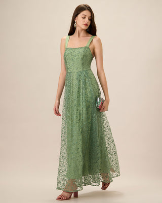 Vestido Maxi de Malla con Bordado Verde para Mujeres