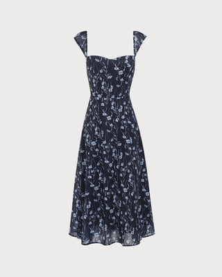 Vestido Midi de Cuello Corazón Floral en Marino