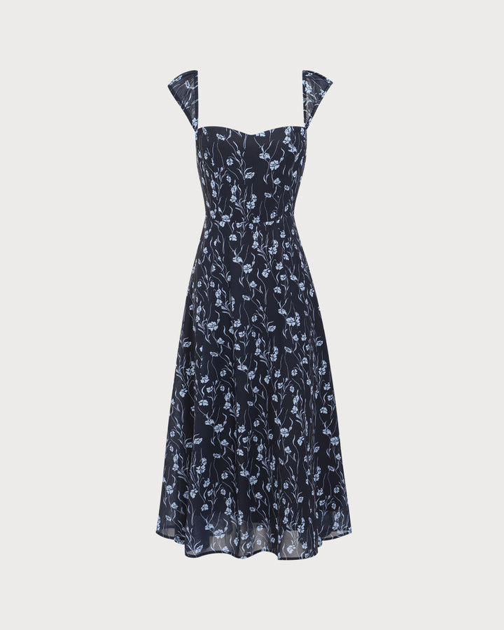 Vestido Midi de Cuello Corazón Floral en Marino