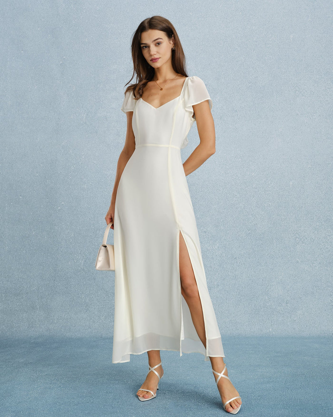Vestido Maxi de Chifón con Escote Corazón y Abertura en Melocotón