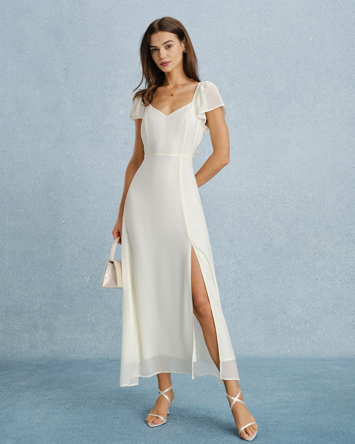 Vestido Maxi de Chifón con Escote Corazón y Abertura en Melocotón