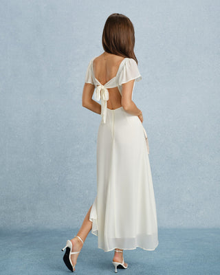 Vestido Maxi de Chifón con Escote Corazón y Abertura en Melocotón