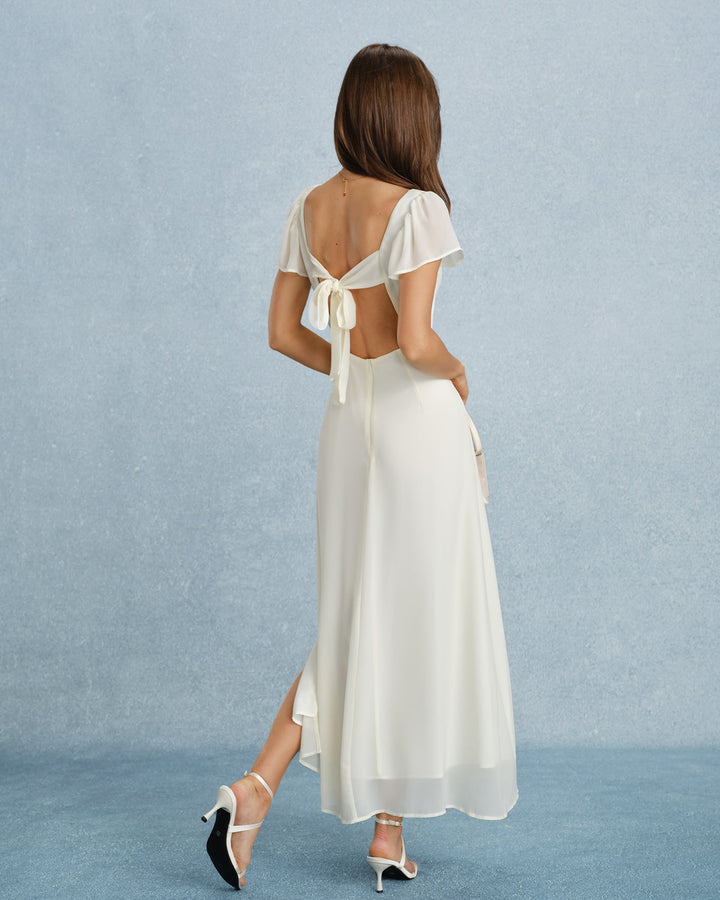 Vestido Maxi de Chifón con Escote Corazón y Abertura en Melocotón