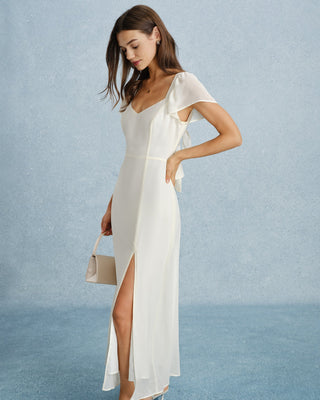 Vestido Maxi de Chifón con Escote Corazón y Abertura en Melocotón