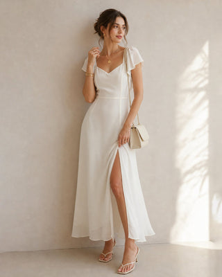 Vestido Maxi de Chifón con Escote Corazón y Abertura en Melocotón