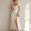 Vestido Maxi de Chifón con Escote Corazón y Abertura en Melocotón