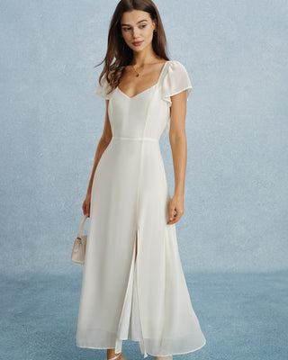 Vestido Maxi de Chifón con Escote Corazón y Abertura en Melocotón