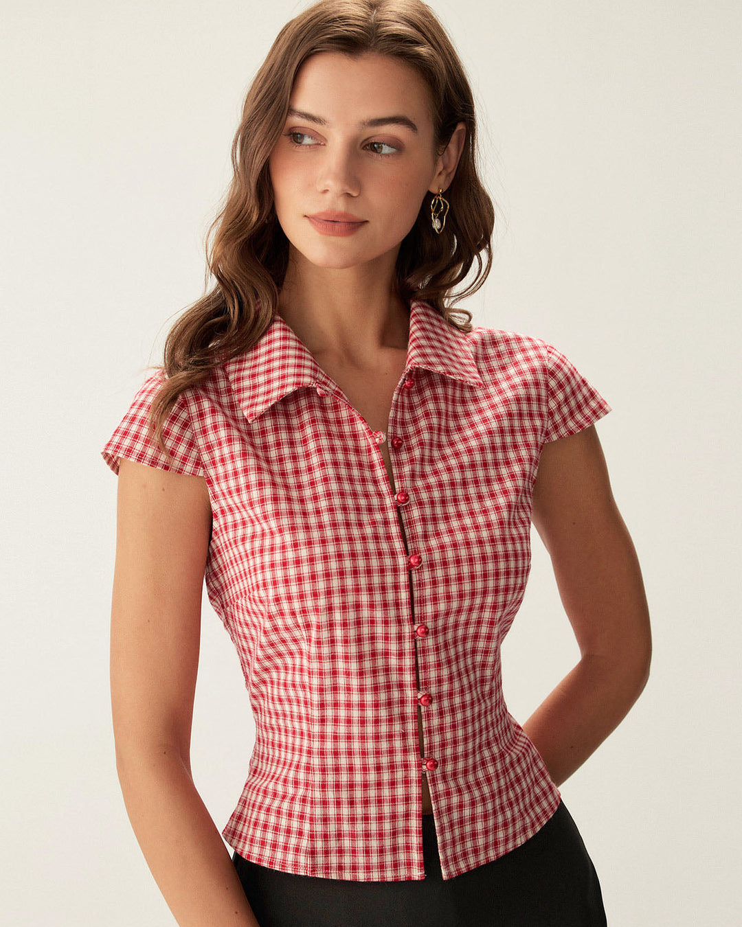 Blusa de Botones de Manga Corta a Rayas Rojas