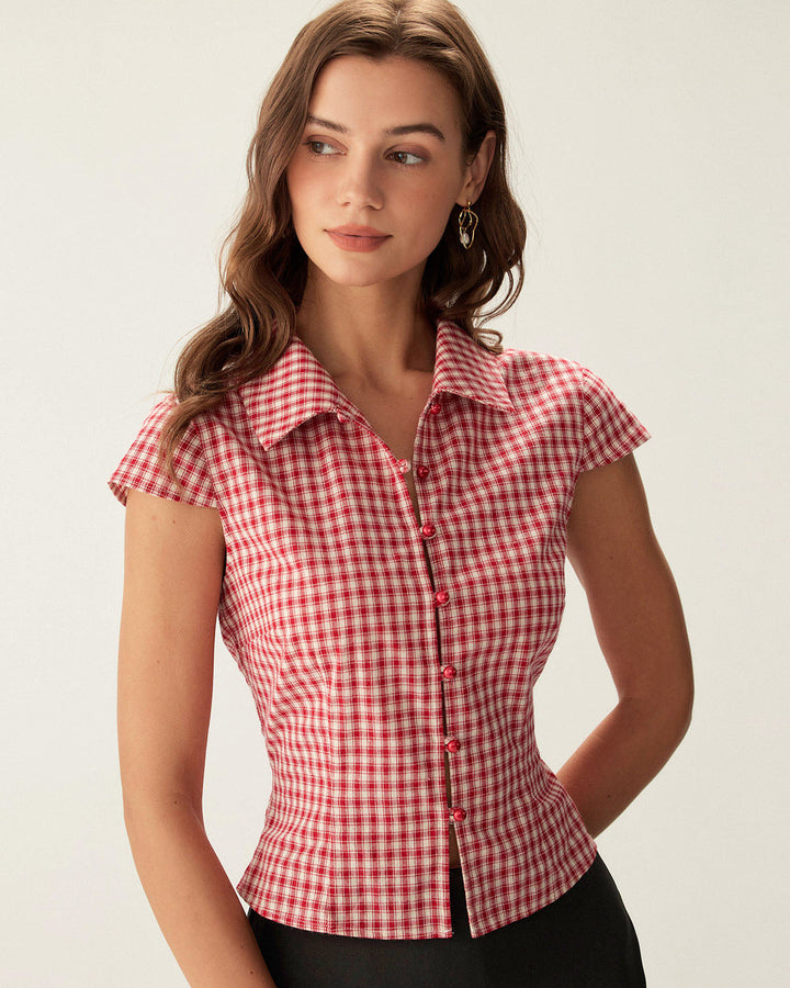 Blusa de Botones de Manga Corta a Rayas Rojas