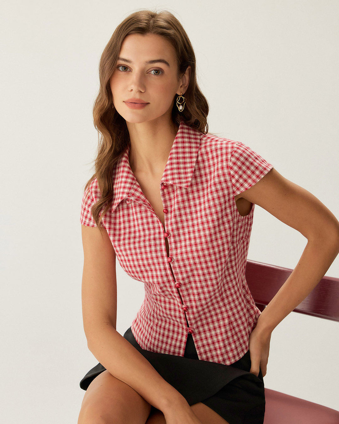 Blusa de Botones de Manga Corta a Rayas Rojas