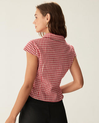 Blusa de Botones de Manga Corta a Rayas Rojas