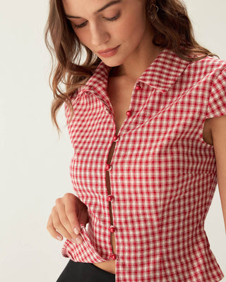 Blusa de Botones de Manga Corta a Rayas Rojas