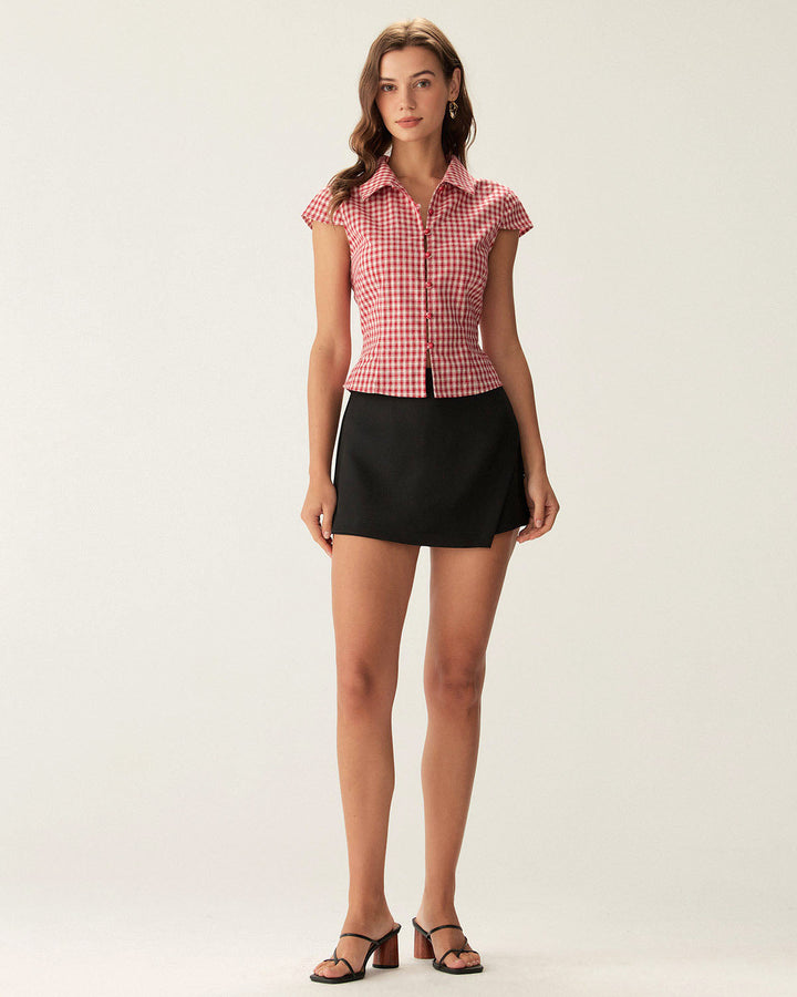 Blusa de Botones de Manga Corta a Rayas Rojas