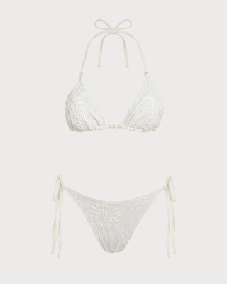 Conjunto de Bikini Jacquard con Halter y Cordón Off White