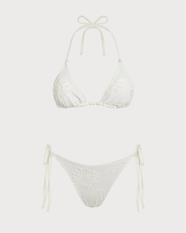 Conjunto de Bikini Jacquard con Halter y Cordón Off White
