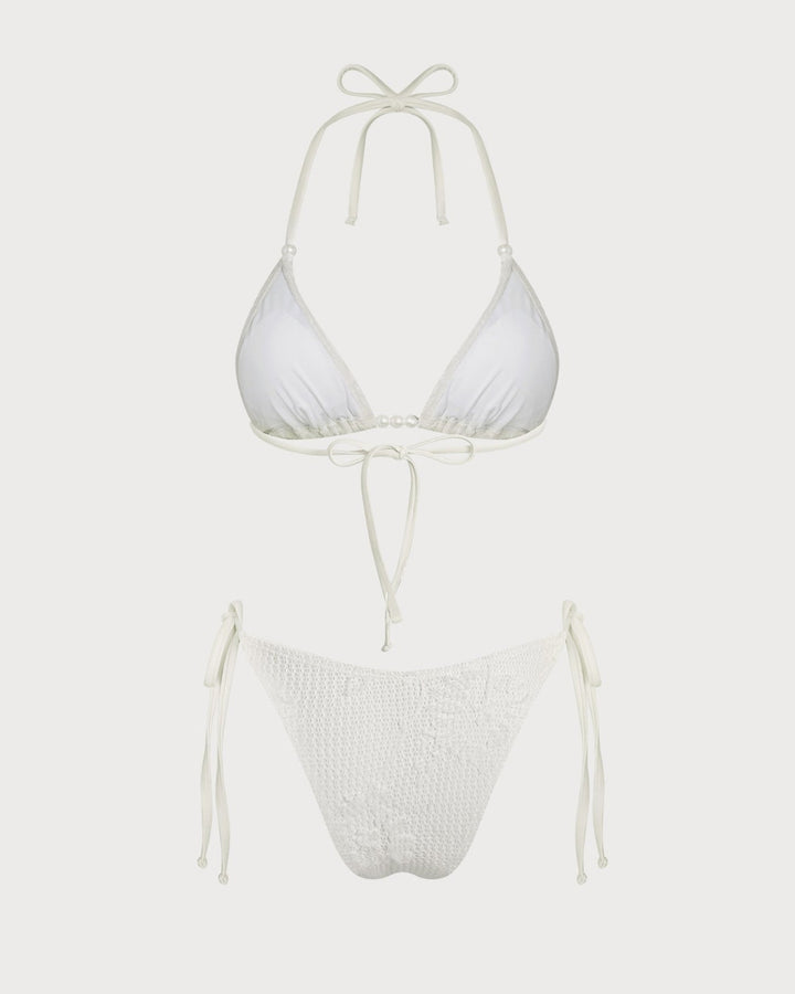 Conjunto de Bikini Jacquard con Halter y Cordón Off White