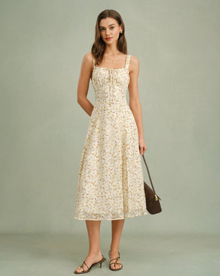 Vestido Midi Sin Mangas de Flores de Albaricoque
