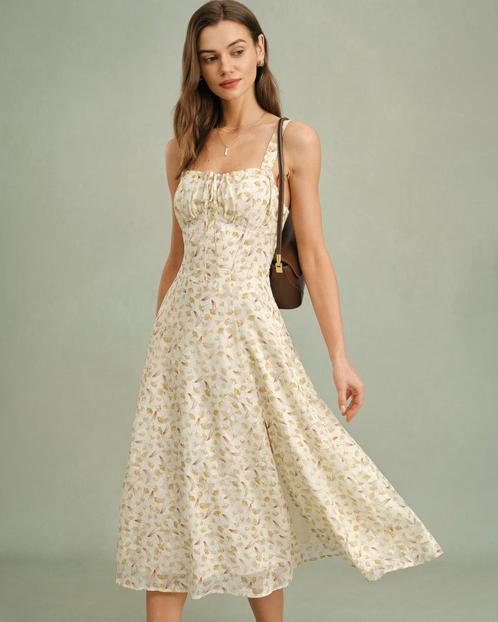 Vestido Midi Sin Mangas de Flores de Albaricoque