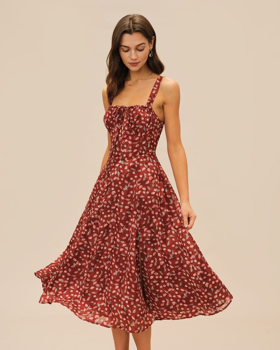 Vestido Midi Deslizante Floral Color Vino