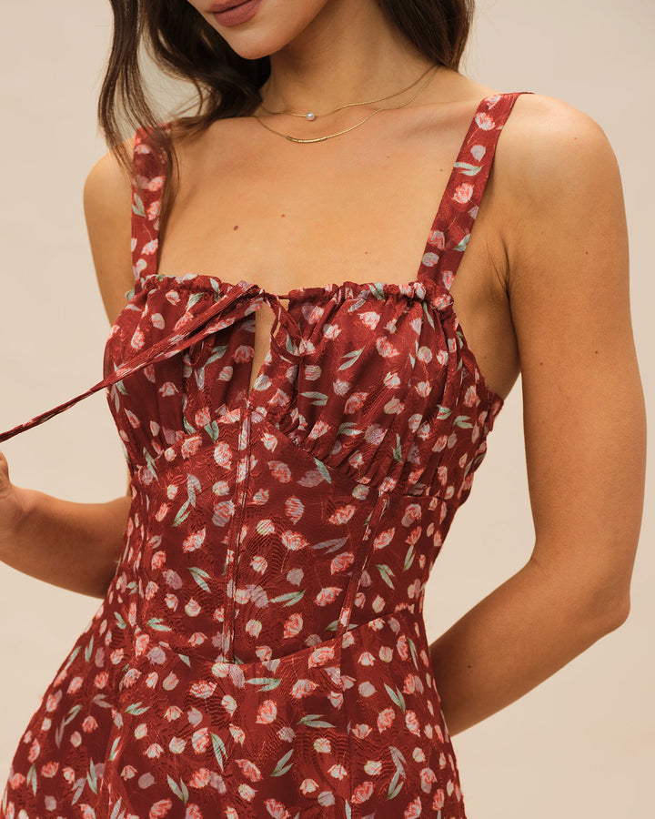 Vestido Midi Deslizante Floral Color Vino