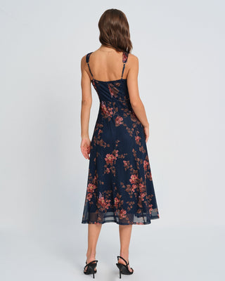 Vestido Midi Deslizante Floral Azul