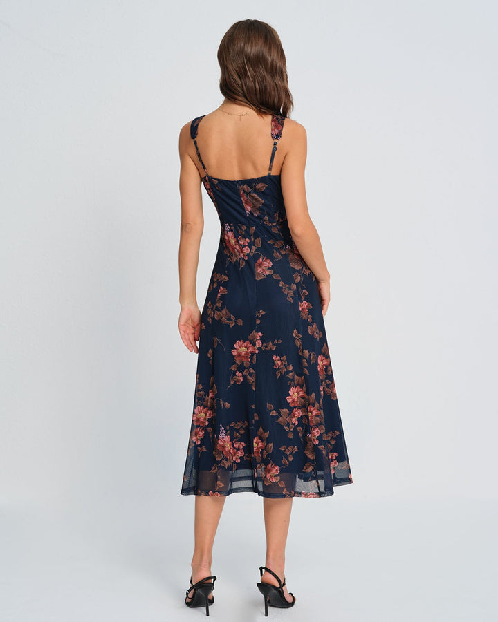 Vestido Midi Deslizante Floral Azul