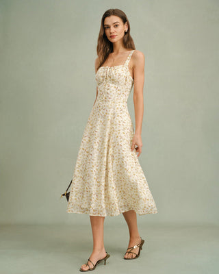 Vestido Midi Sin Mangas de Flores de Albaricoque