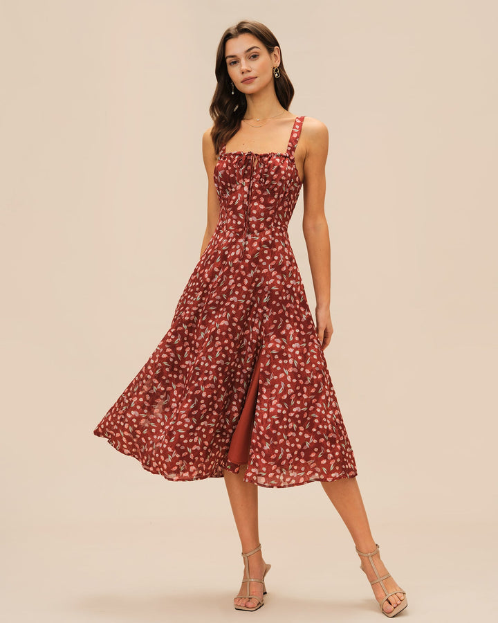 Vestido Midi Deslizante Floral Color Vino