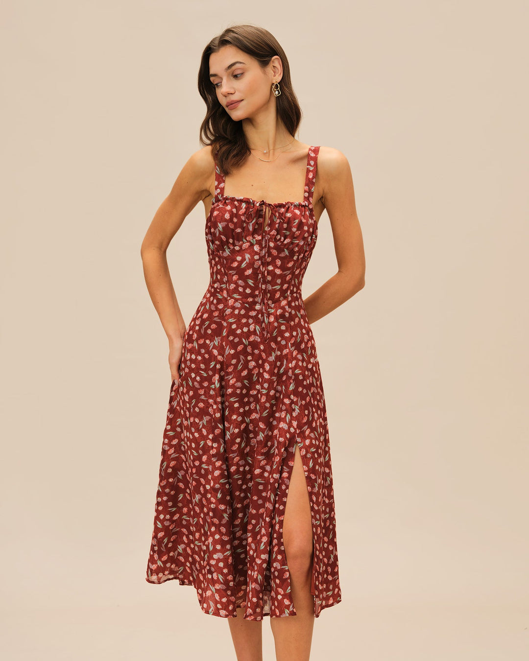Vestido Midi Deslizante Floral Color Vino