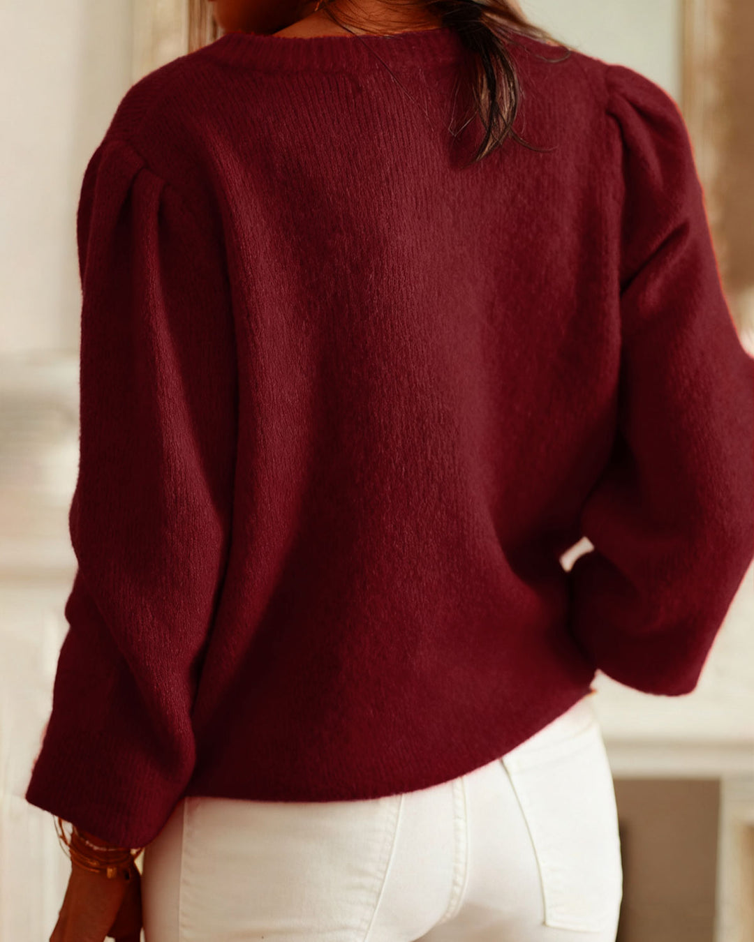 Cárdigan Casual de Punto de Cuello Redondo Color Rojo Vino