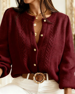 Cárdigan Casual de Punto de Cuello Redondo Color Rojo Vino