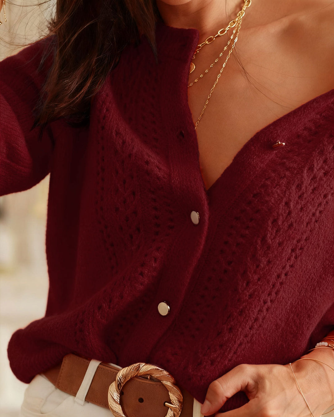 Cárdigan Casual de Punto de Cuello Redondo Color Rojo Vino