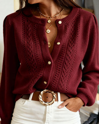Cárdigan Casual de Punto de Cuello Redondo Color Rojo Vino