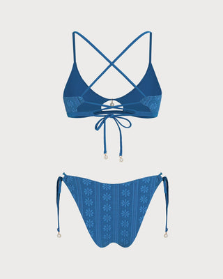 Conjunto de Bikini Texturizado Floral Azul con Escote en U