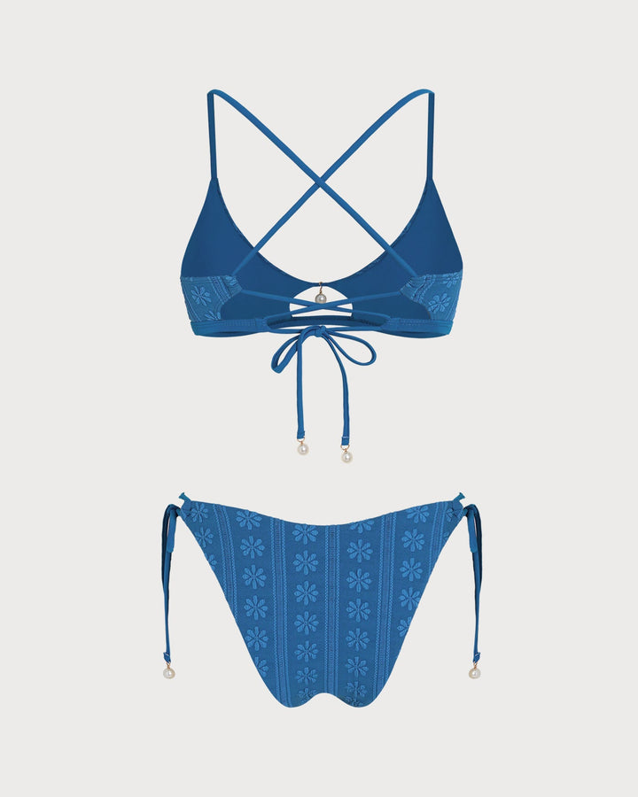 Conjunto de Bikini Texturizado Floral Azul con Escote en U
