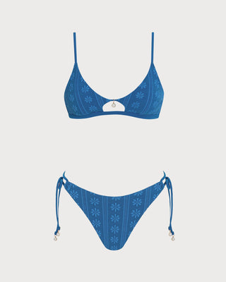 Conjunto de Bikini Texturizado Floral Azul con Escote en U