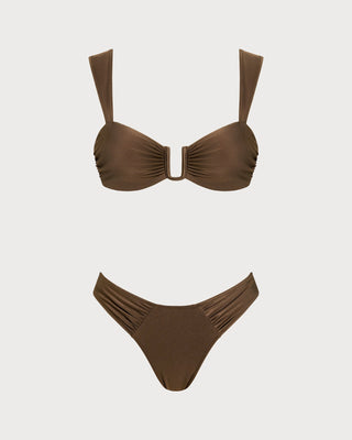 Conjunto de Bikini con Corte y Cuerda de Ajuste Marrón