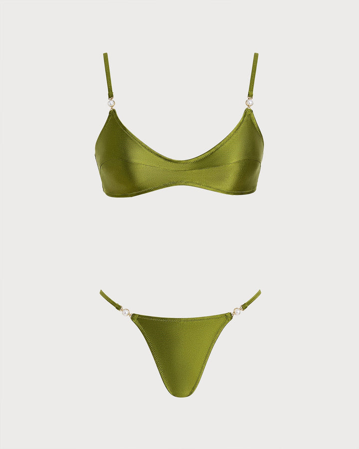 Conjunto de Bikini Triangular Verde Natural con Cintura Alta