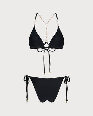 Conjunto de Bikini Triangular con Rhinestones Negro