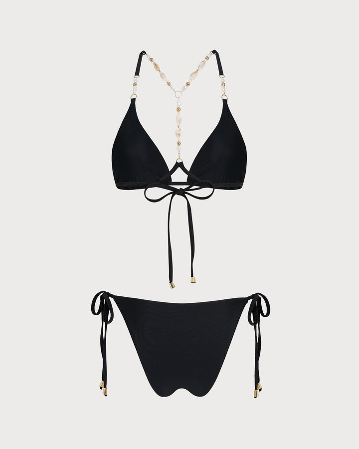Conjunto de Bikini Triangular con Rhinestones Negro
