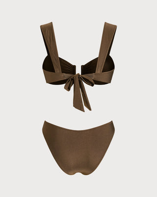 Conjunto de Bikini con Corte y Cuerda de Ajuste Marrón