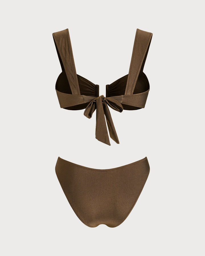 Conjunto de Bikini con Corte y Cuerda de Ajuste Marrón
