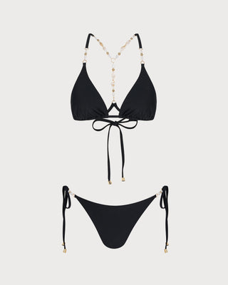 Conjunto de Bikini Triangular con Rhinestones Negro